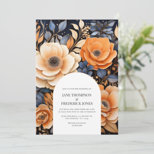 Navy Blue, Burnt Orange & Champagne Floral Wedding Kaart (Staand voorkant)