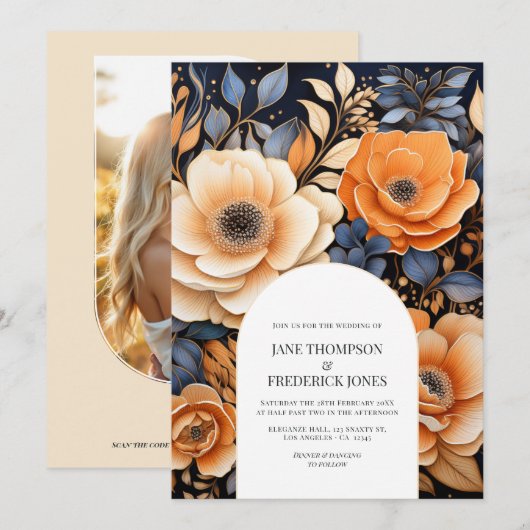 Navy Blue, Burnt Orange & Champagne Floral Wedding Kaart (Voorkant / Achterkant)