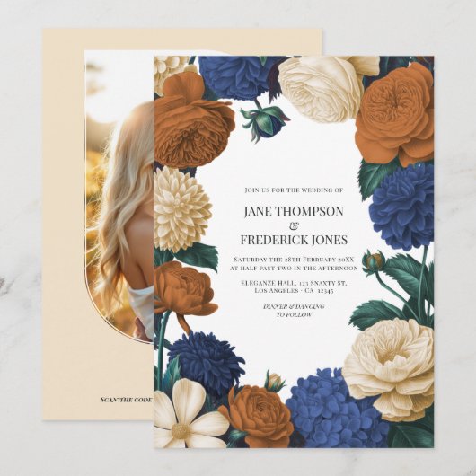 Navy Blue, Burnt Orange & Champagne Wedding Kaart (Voorkant / Achterkant)