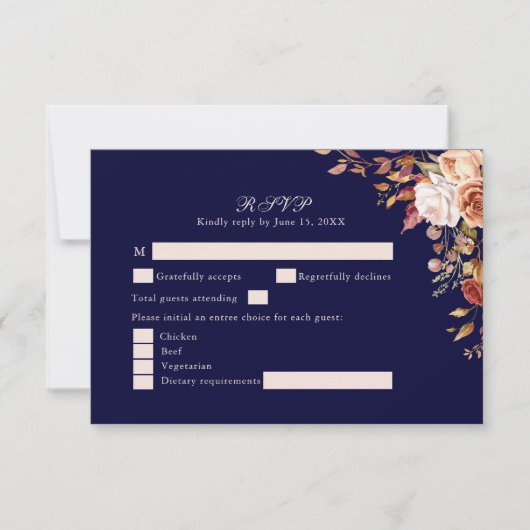 Navy Blue Burnt Orange Floral Wedding RSVP Card (Voorkant)