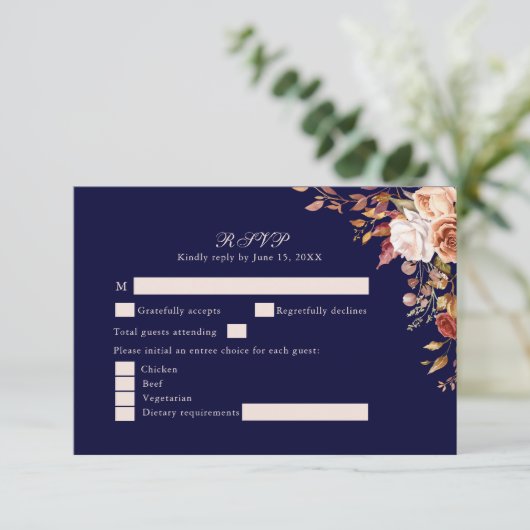 Navy Blue Burnt Orange Floral Wedding RSVP Card Kaartje (Staand voorkant)