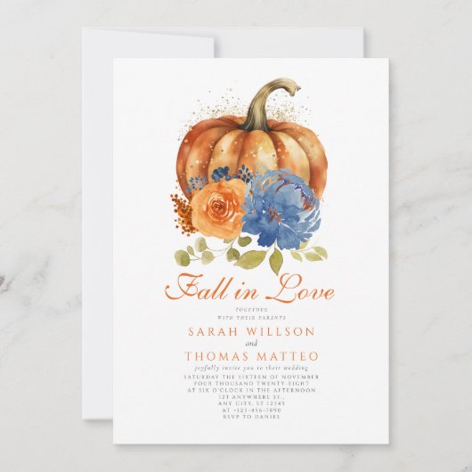 Navy Blue Burnt Oranje Bloemen Herfst Verliefd Kaart (Voorkant)