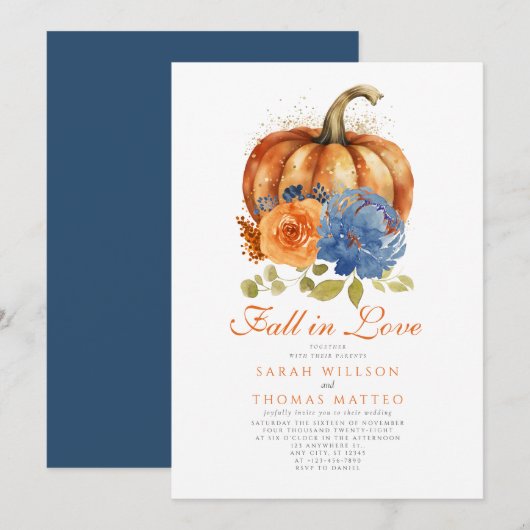 Navy Blue Burnt Oranje Bloemen Herfst Verliefd Kaart (Voorkant / Achterkant)