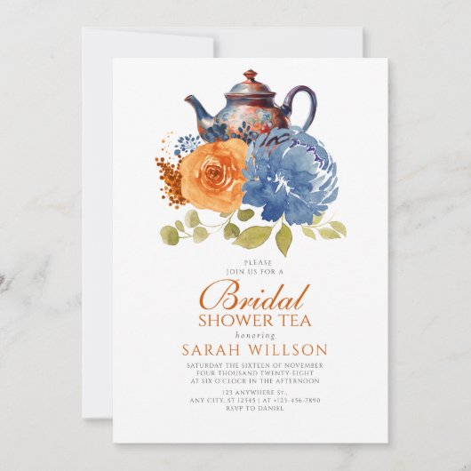 Navy Blue Burnt Oranje Bloemen Vrijgezellenfeest T Kaart (Voorkant)