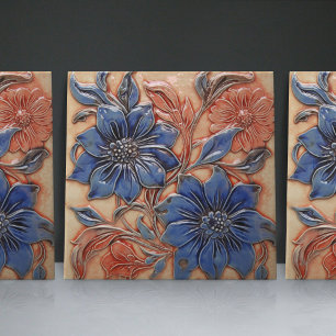Navy Blue Burnt Oranje Floral Wall Decor Tegeltje