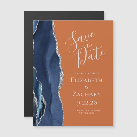 Navy Blue Burnt Oranje Magnetic Save the Date (Voorkant / Achterkant)