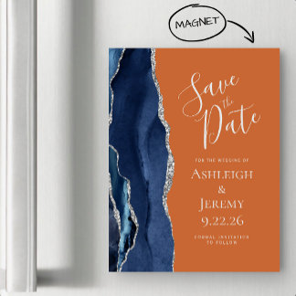 Navy Blue Burnt Oranje Magnetic Save the Date Kaar