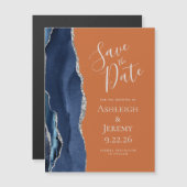 Navy Blue Burnt Oranje Magnetic Save the Date Kaar (Voorkant / Achterkant)