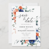 Navy Blue Burnt Oranje Wedding Save the Date Kaart (Voorkant)