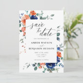 Navy Blue Burnt Oranje Wedding Save the Date Kaart (Staand voorkant)