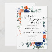 Navy Blue Burnt Oranje Wedding Save the Date Kaart (Voorkant / Achterkant)