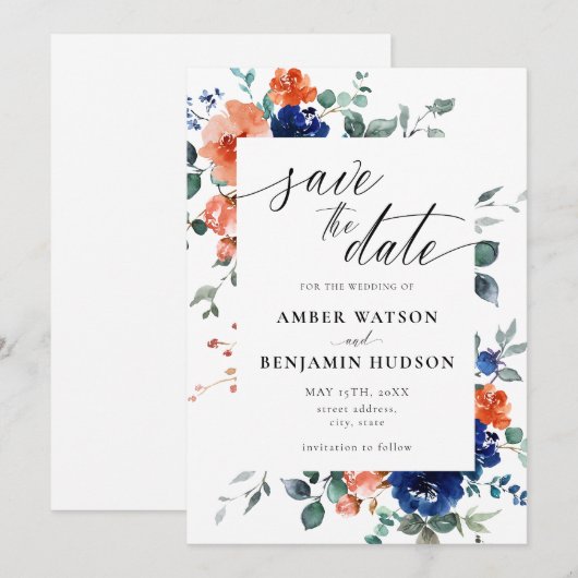 Navy Blue Burnt Oranje Wedding Save the Date Kaart (Voorkant / Achterkant)