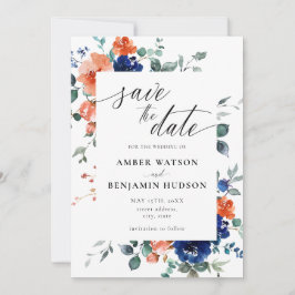 Navy Blue Burnt Oranje Wedding Save the Date Kaart
