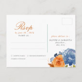 Navy Blue Burnt Sinaasappel Bloemen Herfst Trouwen Briefkaart (Achterkant)
