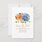 Navy Blue Burnt Sinaasappel Boeket Herfst Floral Save The Date (Voorkant)