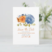 Navy Blue Burnt Sinaasappel Boeket Herfst Floral Save The Date (Staand voorkant)