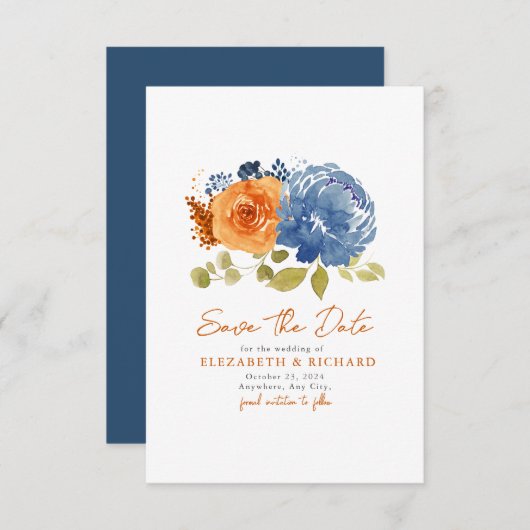 Navy Blue Burnt Sinaasappel Boeket Herfst Floral Save The Date (Voorkant / Achterkant)