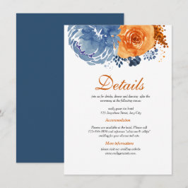 Navy Blue Burnt Sinaasappel Floral Fall Trouwdetai Informatiekaartje