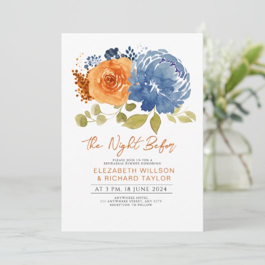 Navy Blue Burnt Sinaasappel Floral repetitie diner Kaart (Staand voorkant)