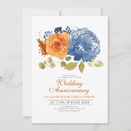 Navy Blue Burnt Sinaasappel Floral Wedding Jubileu Kaart