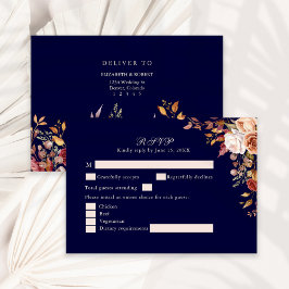 Navy Blue Burnt Sinaasappel Floral Wedding RSVP Ka Bedankkaart