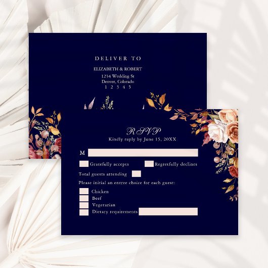 Navy Blue Burnt Sinaasappel Floral Wedding RSVP Ka Bedankkaart