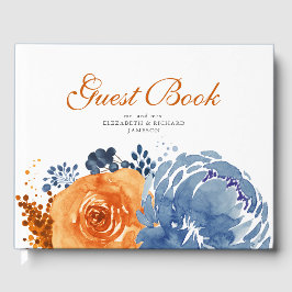 Navy Blue Burnt Sinaasappel Herfst Bloemen Huwelij Gastenboek