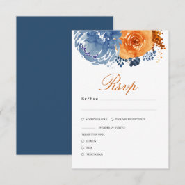 Navy Blue Burnt Sinaasappel Herfst Bloemen Huwelij RSVP Kaartje