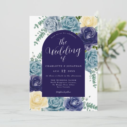 Navy Blue Burnt Sinaasappel Rustic Floral Fall Wed Kaart (Staand voorkant)