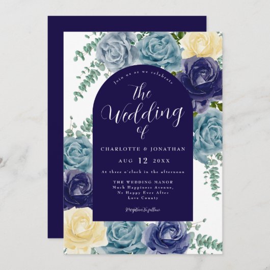 Navy Blue Burnt Sinaasappel Rustic Floral Fall Wed Kaart (Voorkant / Achterkant)