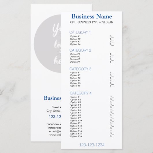 Navy Blue Business Menu met prijslijst (Voorkant / Achterkant)