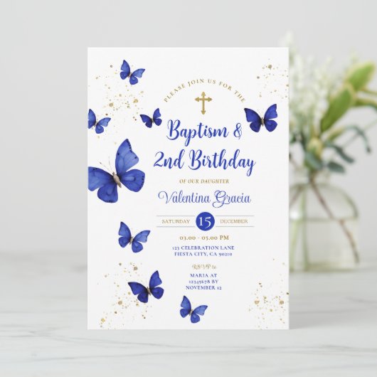 Navy Blue Butterfly Boy Girl 3e verjaardag doop Kaart (Staand voorkant)