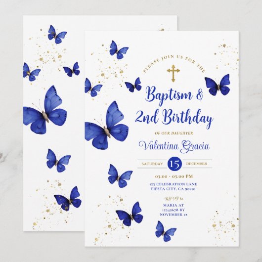 Navy Blue Butterfly Boy Girl 3e verjaardag doop Kaart (Voorkant / Achterkant)