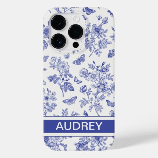 Navy Blue Butterfly Toile iPhone 14 Pro Hoesje (Achterkant)