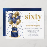 Navy Blue Cake 60th Birthday Invitation Kaart<br><div class="desc">Deze fantastische mannen met een 60e verjaardagsfeestuitnodiging met een 2-laagse marineblauwe en goudcake met marineblauwe en goudballonnen. Het getal 60 in goud en glanzend blauw confetti zou perfect zijn om je man, broer, vader, vriend, medewerker te vieren. Het is traditioneel en klassiek, terwijl het vers, modern en hedendaags is. De...</div>