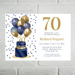 Navy Blue Cake 70th Birthday Invitation Kaart<br><div class="desc">Deze geweldige mannen 70ste verjaardagsfeestuitnodiging met een 2-laagse marineblauwe en goudcake met marineblauwe en gouden ballonnen. Het nummer 70 in goud en glanzend blauw confetti zou perfect zijn om je man, broer, vader, vriend, medewerker te vieren. Het is traditioneel en klassiek, terwijl het vers, modern en hedendaags is. De achterkant...</div>