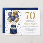 Navy Blue Cake 70th Birthday Invitation Kaart<br><div class="desc">Deze geweldige mannen 70ste verjaardagsfeestuitnodiging met een 2-laagse marineblauwe en goudcake met marineblauwe en gouden ballonnen. Het nummer 70 in goud en glanzend blauw confetti zou perfect zijn om je man, broer, vader, vriend, medewerker te vieren. Het is traditioneel en klassiek, terwijl het vers, modern en hedendaags is. De achterkant...</div>