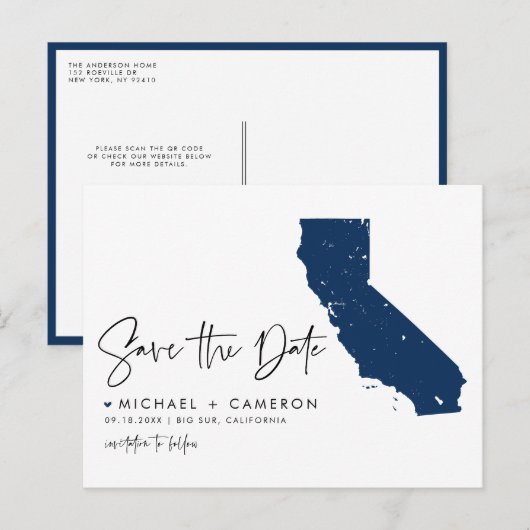 Navy Blue California Kaart QR Code Bewaar de datum (Voorkant / Achterkant)