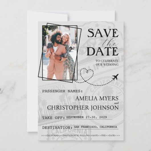 Navy Blue California Passport Bewaar de datum Save The Date (Achterkant)