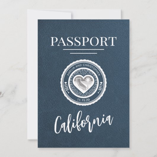 Navy Blue California Passport Wedding Kaart (Achterkant)