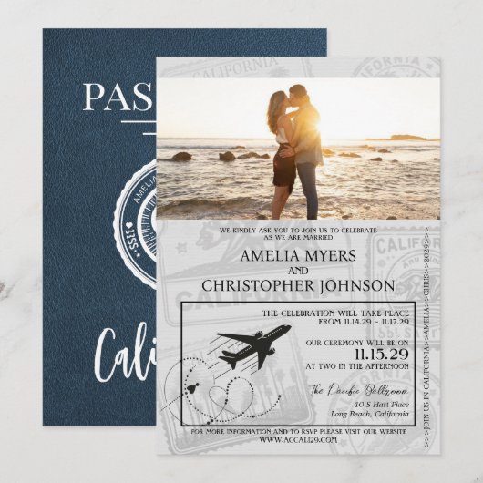 Navy Blue California Passport Wedding Kaart (Voorkant / Achterkant)