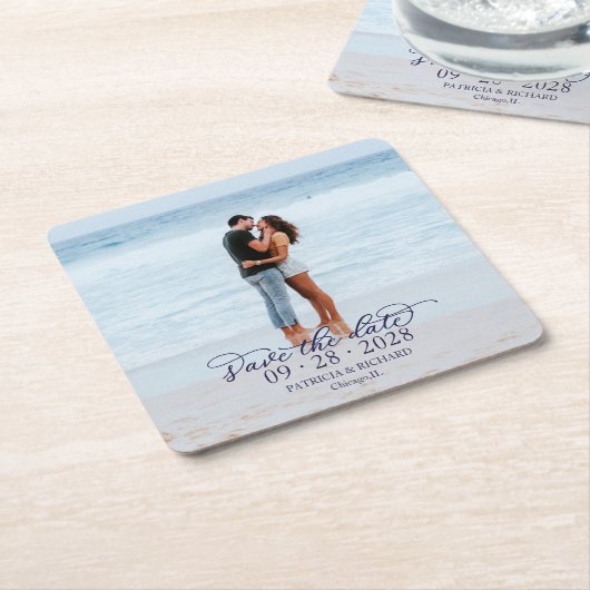 Navy Blue Calligraphy Photo Wedding Save the Date Kartonnen Onderzetters (Schuin)