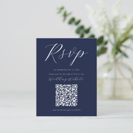 Navy Blue Calligraphy Script RSVP Enclosure Kaart (Staand voorkant)