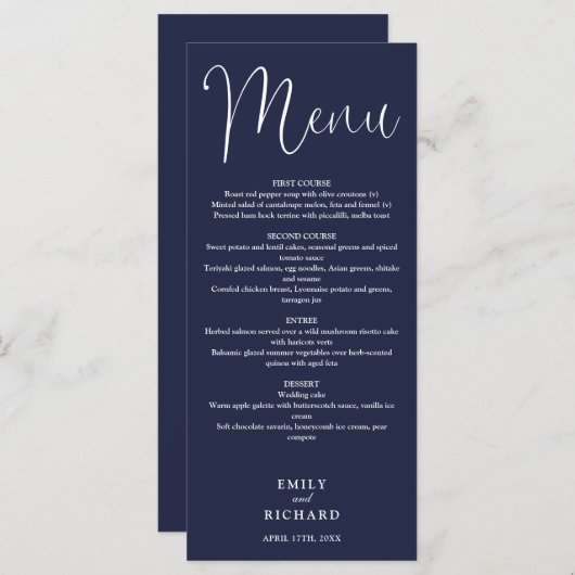 Navy Blue Calligraphy Script Wedding Menu (Voorkant / Achterkant)