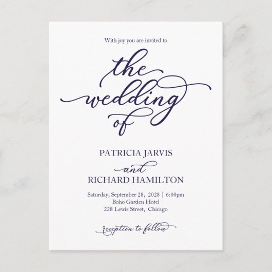 Navy Blue Calligraphy Wedding Invitation Briefkaart (Voorkant)