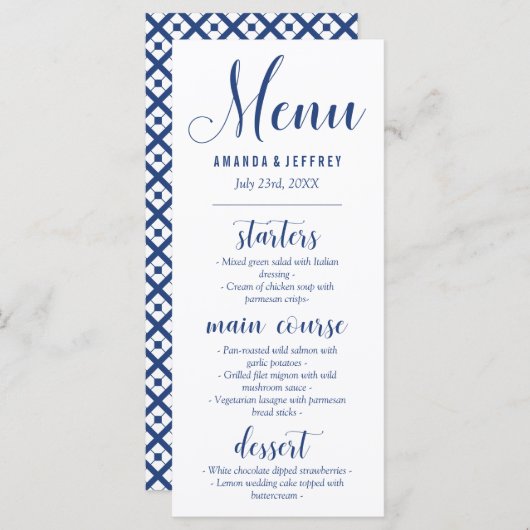 Navy Blue Calligraphy Wedding Menu (Voorkant / Achterkant)