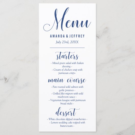Navy Blue Calligraphy Wedding Menu (Voorkant)