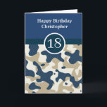 Navy Blue Camouflage 18th Birthday Kaart<br><div class="desc">Een blauwe gepersonaliseerde camouflage 18e verjaardagskaart voor hem, die u gemakkelijk het front met de naam van de ontvanger zult kunnen personaliseren. De binnenkant leest een verjaardagsbericht dat ook kan worden gepersonaliseerd indien gewenst. De achterkant is voorzien van het blauw en camoontwerp van de marine. Zie alle foto's. Deze blauwe...</div>