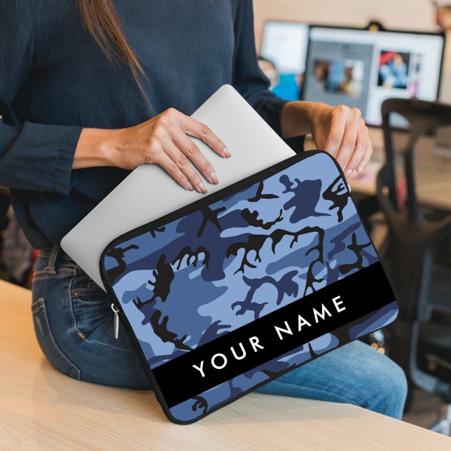 Navy Blue Camouflage Jouw naam personaliseren Laptop Sleeve (Creator heeft geüpload)