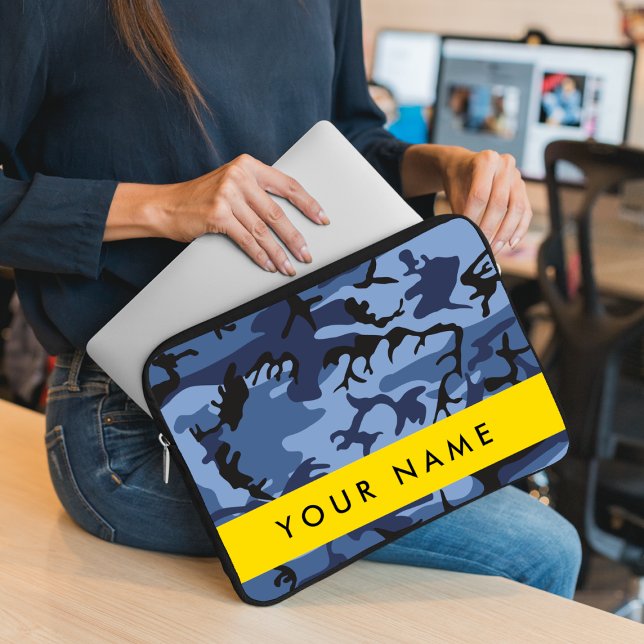 Navy Blue Camouflage Jouw naam personaliseren Laptop Sleeve (Creator heeft geüpload)